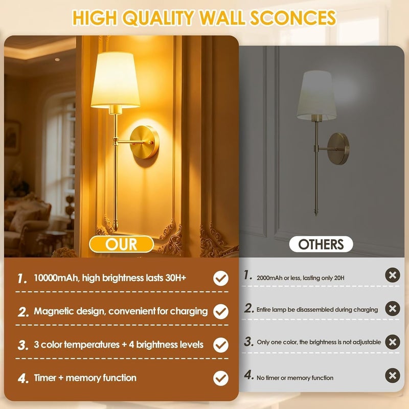 OCATO Battery Operated Wall Sconce: 10000mAh Wireless Wall Sconces Set of Two Rechargeable Lamp Dimmable Magnetic Lights with 7 RGB Colors and Remote Walls Decor for Bedroom Living Room Hallway - Image 5